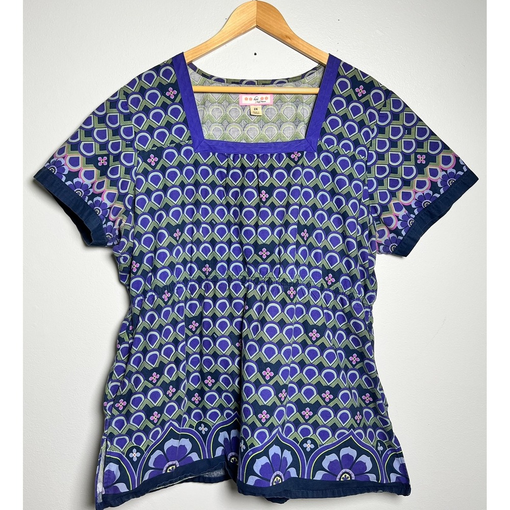 Koi by Kathy Peterson Womens Scrub Top Purple Green Geometric Comfy Cotton 2X - Picture 2 of 11